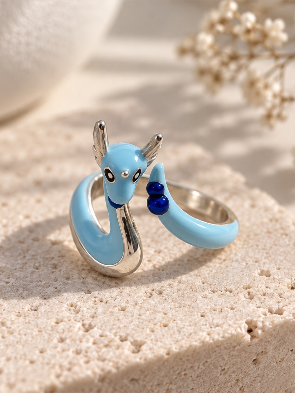 925 Sterling Silver Dragonair Pokémon Ring Blue Enamel